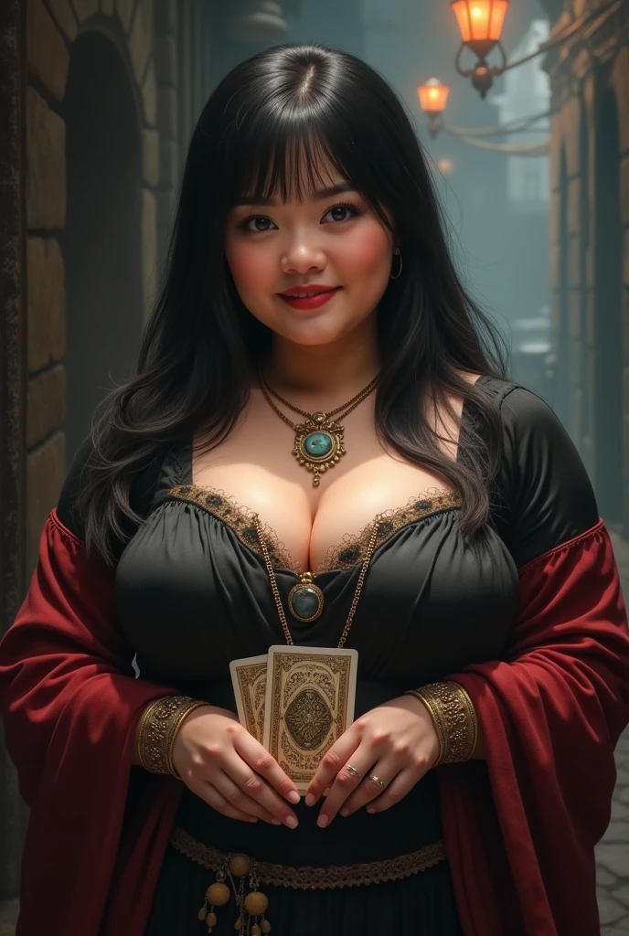 woman, shoulder-length straight black hair, medium bust, plump, dressed as a card fortune teller, standing, looking at the camera, photorealistic