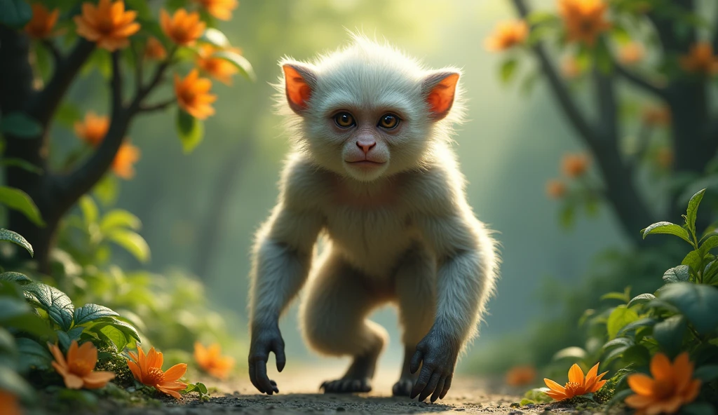 Front view，There is a wild beast in the osmanthus forest，Looks like a monkey but has white ears，Walk upright like a human（best quality，4K，8k，High level，masterpiece：1.2），Ultra Detailed，（lifelike，Photo real，Photo real：1.37）