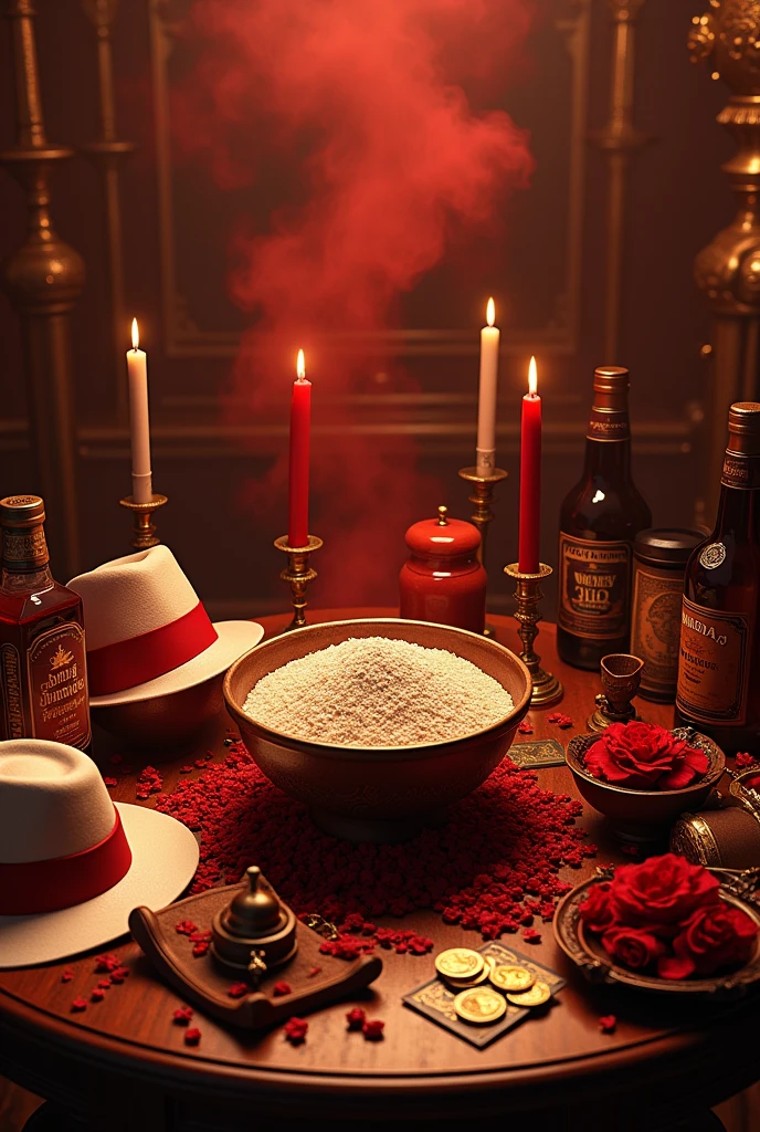 Luxury cabaret, with lots of details, full of gold and in the middle several macumba works, umbanda, clay bowl, clay bowls with flour,  chili pepper, red roses , dados, gold-coins, white and red candles lit and melted, bottles of whiskey and bottles of beer, red smoke at the bottom of the image, a white Panama hat with a red band, without any person, cabaret, African matrix, umbanda, money, baralho, faca 
