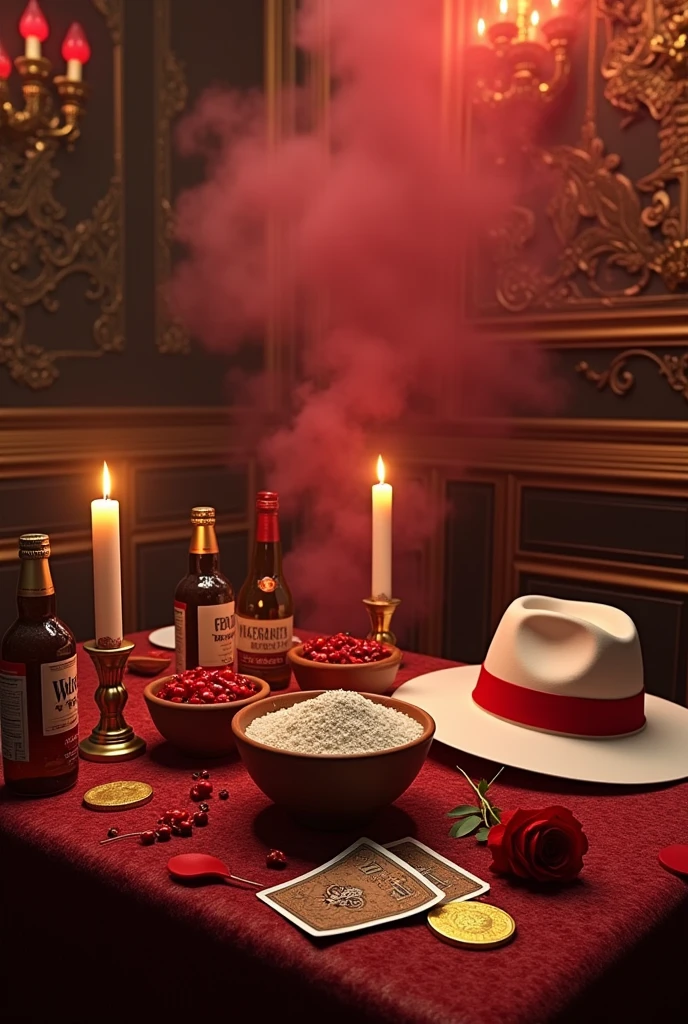 Old and luxurious cabaret, with lots of details, full of gold and in the middle several macumba works in clay bowls, with farofa, Pepper's, red roses , dados, gold-coins, half white and half red candles lit, drinks around, Red smoke, without any person