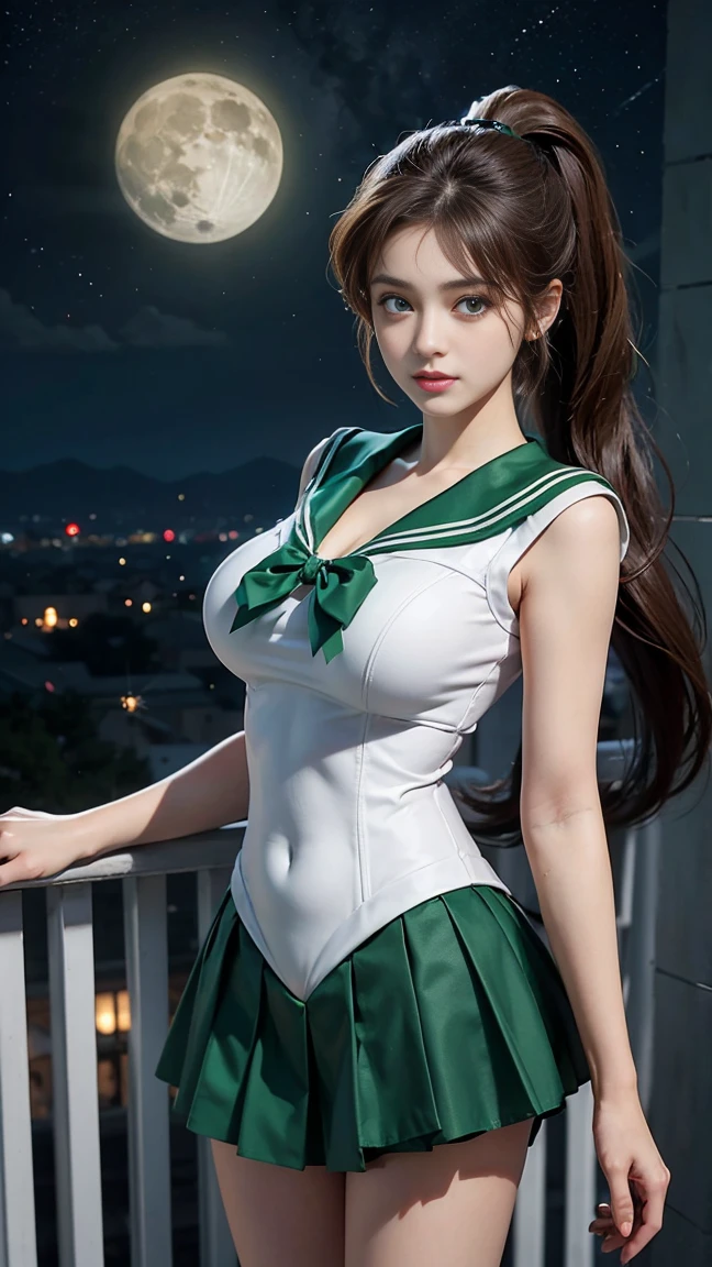 She is tall and has mysterious and beautiful Green Eyes., A planet is visible in the sky, A beautiful young woman，Has long brown hair，Wearing a ponytail, Green Eyes, Height 170cm, Sailor Moon Under the Moon, Sailor Jupiter, Emerald Jewelry, You can see the scenery from a high place, Height is 172, You are in great shape., I also like sports, He has mysterious Green Eyes. The skirt must be green, Long legs, Very good body. She has big and beautiful breasts, 