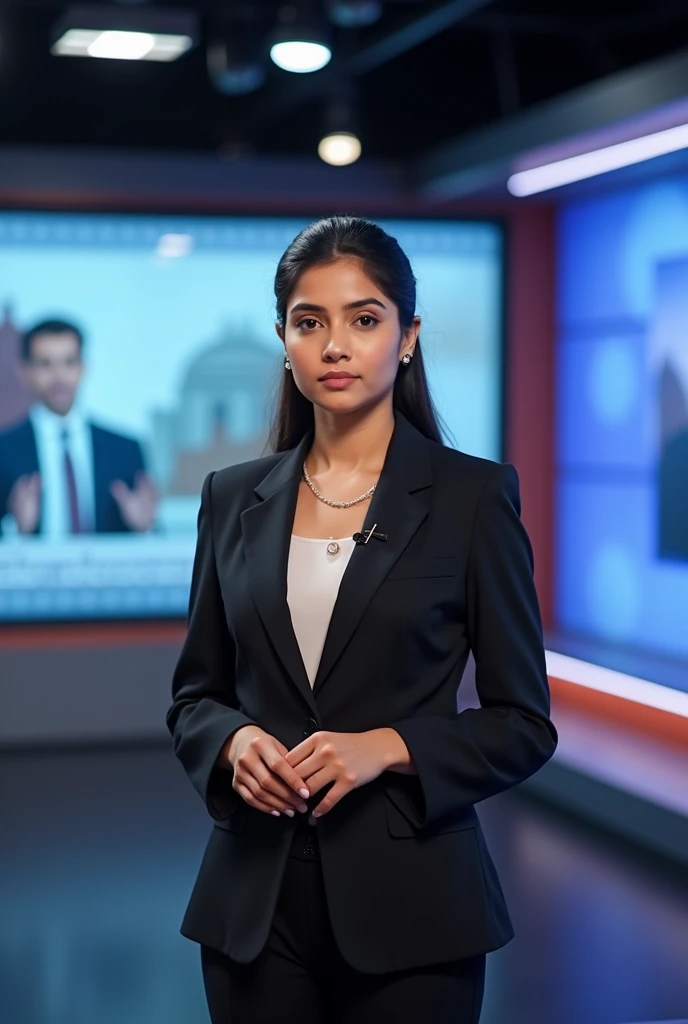 Indian girl News anchor in news studio 