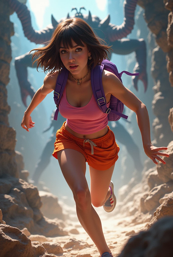 beautiful woman, running, wearing pink top, orange short, purple backpack, short bang brown hair, temple run game in background, demon behind, realistic, intricate details