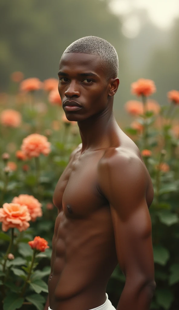 Behold a nude photo shoot featuring a photogenic and charming male supermodel, attractive 2man, mixed race 2man, detailed face and smooth skin, symmetric face, slander, gray buzz cut hairstyle, aesthetic, soft moody tone, striking features, showcasing elegant nude body, young and sexy, complementing each other, (Male Focus), highly detailed, intricate details, dramatic composition, realism, high-quality rendering, RAW photo ,fashion photoshoot, 2Man, ((full body)), stunning art, high quality, film grain, photo-realistic, insanely detailed, face detail, hype maximalist, hype hyperrealism, cinematic, telephoto, lighting intricate details, highly detailed, highly detailed, concept art, smooth, sharp focus, Unreal Engine 5, 8K, UHD, 8k, high quality. neutral acne, blemishes, detailed skin, English garden full of flower booming, flower fields, morning light with faint mist shrouded behind background, in the center of the screen, most handsome man in the world, Capture full-body short, dynamic angle, using a Canon EOS R7 and Sigma AF 85mm F1.4 EX DG HSM lens by Thomas Synnamon, Employ a shallow depth of field to focus closely on his face and body while softly blurring the background, Draw inspiration from high-fashion photographer, emphasize detail, texture and a sophisticated luxurious atmosphere, Emphasize the golden warm lighting and its effect on enhancing his features and the robe's rich textures, creating a visually captivating and elegant portrait that exudes warmth and sophistication, ((Pay attention to the layer and arrangement of body parts and surrounding objects)), ((Pay attention to the body composition)), ((Correct body structure)), romantic atmosphere, (lively extremely Gorgeous background)