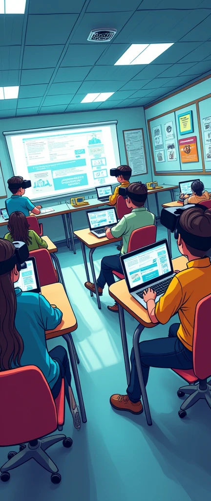 The method of describing the design in a comic book style；Depicting a bright classroom，Full of technology。Students in the classroom can use VR glasses for virtual reality learning，They can explore various scenarios and knowledge in an immersive way，Requires the image to be impactful，Project practice task decomposition，Demonstrate the practical method of project-based teaching