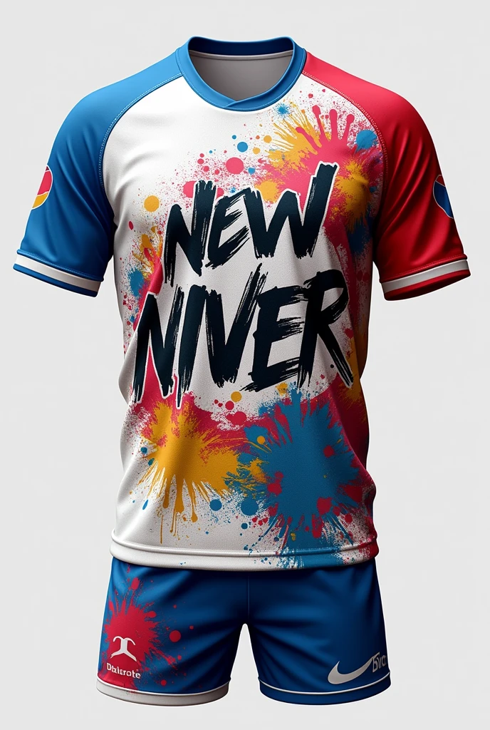 Make a football kit with this style,Urban Graffiti Style: T-shirt with a white background and a colorful graffiti design covering the entire front and back. The sleeves are different solid colors, like red and blue. The team name and numbers are painted in a thick brush style in black.. The shorts are a solid color with brightly colored paint splatters.. 