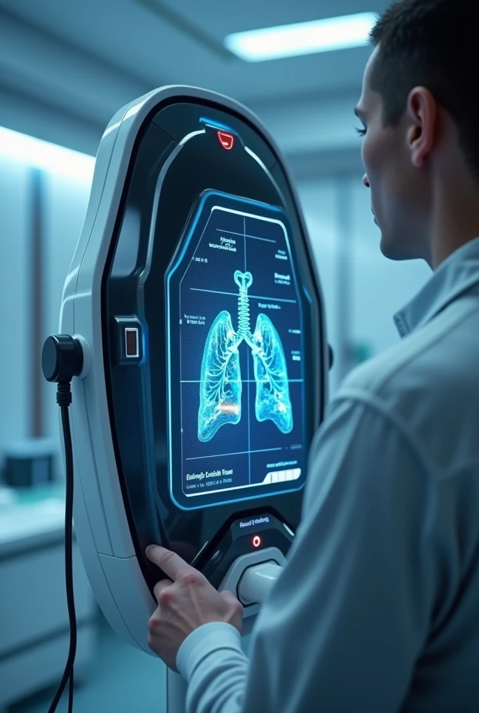 An image depicting modern technology used to enhance lung capacity. This could include a person using a respiratory training device, with a digital display showing lung performance metrics. The background should highlight a futuristic lab setting with advanced equipment.