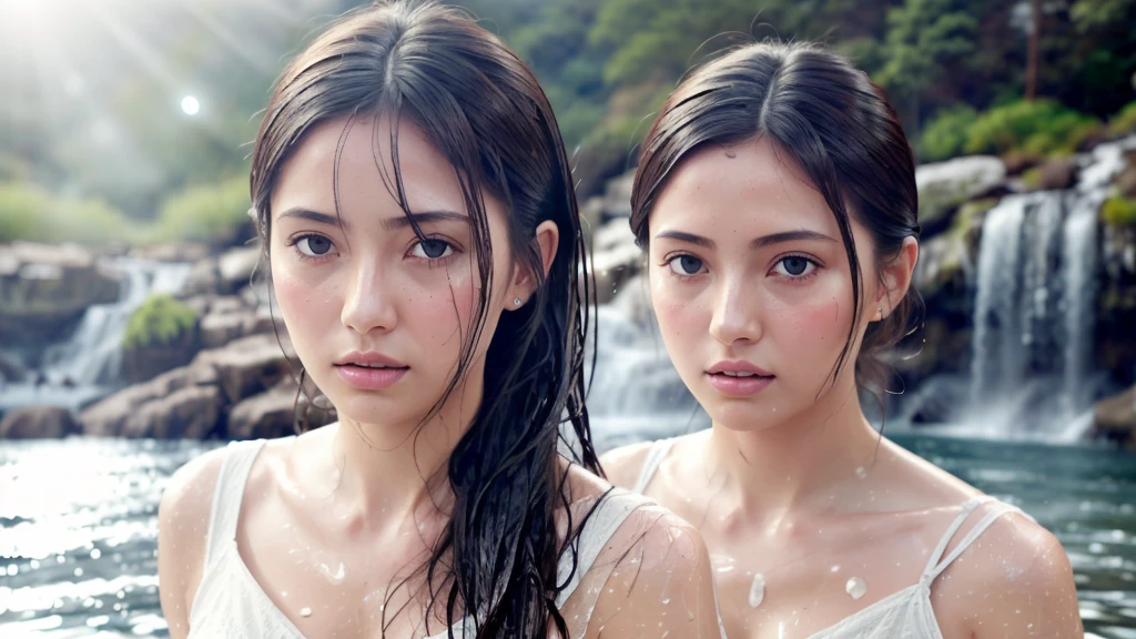 Symmetric, High definition RAW color photos Professional close-up photography, [:( A face with attention to detail: 1.2): 0.1], (Pure Eros Face_v1: 0.8), Double Tail, Half Body, pores, Real Skin, breast focus, Straight, A woman under a waterfall, When the body touches the water, it creates ripples, Clear, clean water, Shining Eyes, Looking at the audience, Wet clothes, Transparent clothes, Wet body, Wet Hair, Tyndall effect, Lens flare, Shadow,, bloom, Natural light, Hard Focus, Film Grain, ソニーa9 IIミラーレスカメラで撮Shadow, By Laurence Demaison