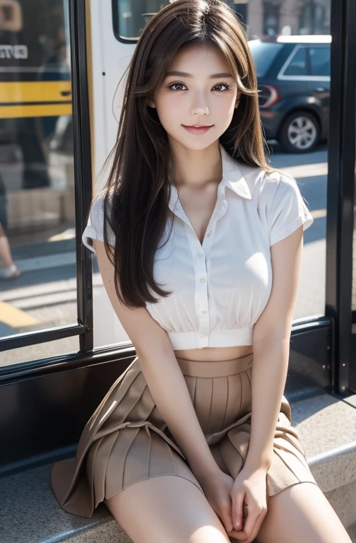 (Realistic, Realistic: 1.37), (masterpiece), (Highest quality: 1.4), (Ultra-high resolution: 1.2), (RAW Photos: 1.2), (Sharp focus: 1.3), (Face focus: 1.2), elegant, (whole body: 1.2), Highest quality, masterpiece, (realism: 1.2), girl, Brown Hair, Brown eyes, front, Detailed face, Beautiful Eyes, Pleated mini skirt , Sit at the bus stop (1.5), A poignant smile, Lots of eyelashes, High heels, Very clean Information