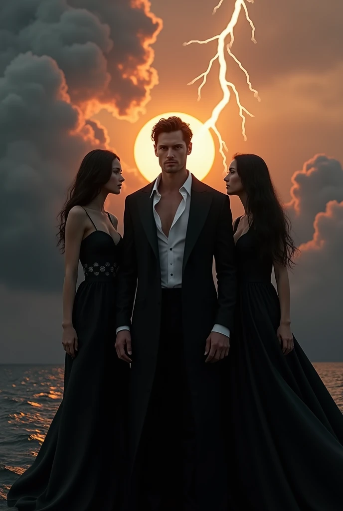A handsome man with a perfect slim face dressed in a long black Dracula suit without a shirt, a cloudy sunset sky, a sun hiding behind a trail of water that matches the sun, a lightning bolt from afar next to him, two beautiful women dressed in black, the man is in the middle