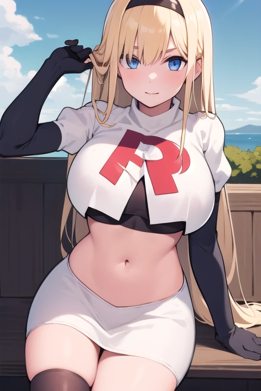 masterpiece, best quality,simple eyes,outdoors,1girl,north carolina,bangs, blonde_hair, blue_eyes,large breasts, eyebrows_visible_through_hair, hairband, long_hair, long_sleeves, looking_at_viewer, team rocket,team rocket uniform,white skirt,red letter R,crop top,black thigh-highs,black elbow gloves