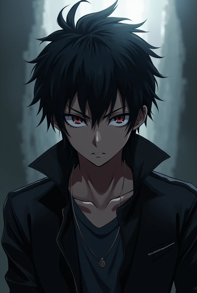 20 year old anime character, dark and with a defiant look 