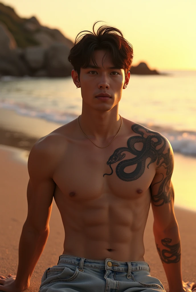 (photorealism:1.2), Taehyung on the beach, who sports a marked abdomen, a tattoo of a snake and hazel eyes