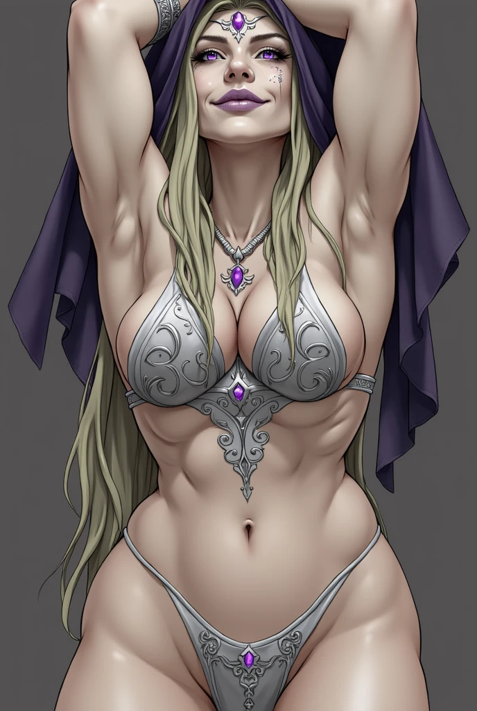 (Female drow slave bikini chest covered)(smile) Gray skin, pale golden hair and violet eyes. She prefer's clothing of white and silver with cloaks of deep blue or purple, grey background, huge_knockers, ((very precise detailed)) ((highres)