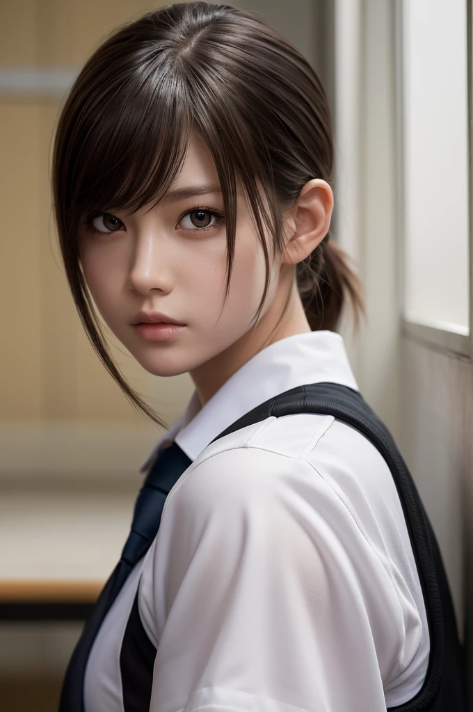 1girl, portrait of shot of re4ashley, athletic, black school uniform, white shirt, classroom, volumetric lighting, best quality, masterpiece, intricate details, tonemapping, sharp focus, hyper detailed, trending on Artstation, realistic,