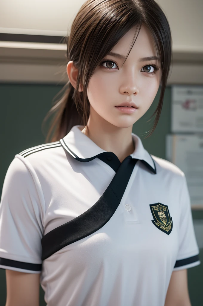 1girl, portrait of shot of re4ashley, athletic, black school uniform, white shirt, classroom, volumetric lighting, best quality, masterpiece, intricate details, tonemapping, sharp focus, hyper detailed, trending on Artstation, realistic, 