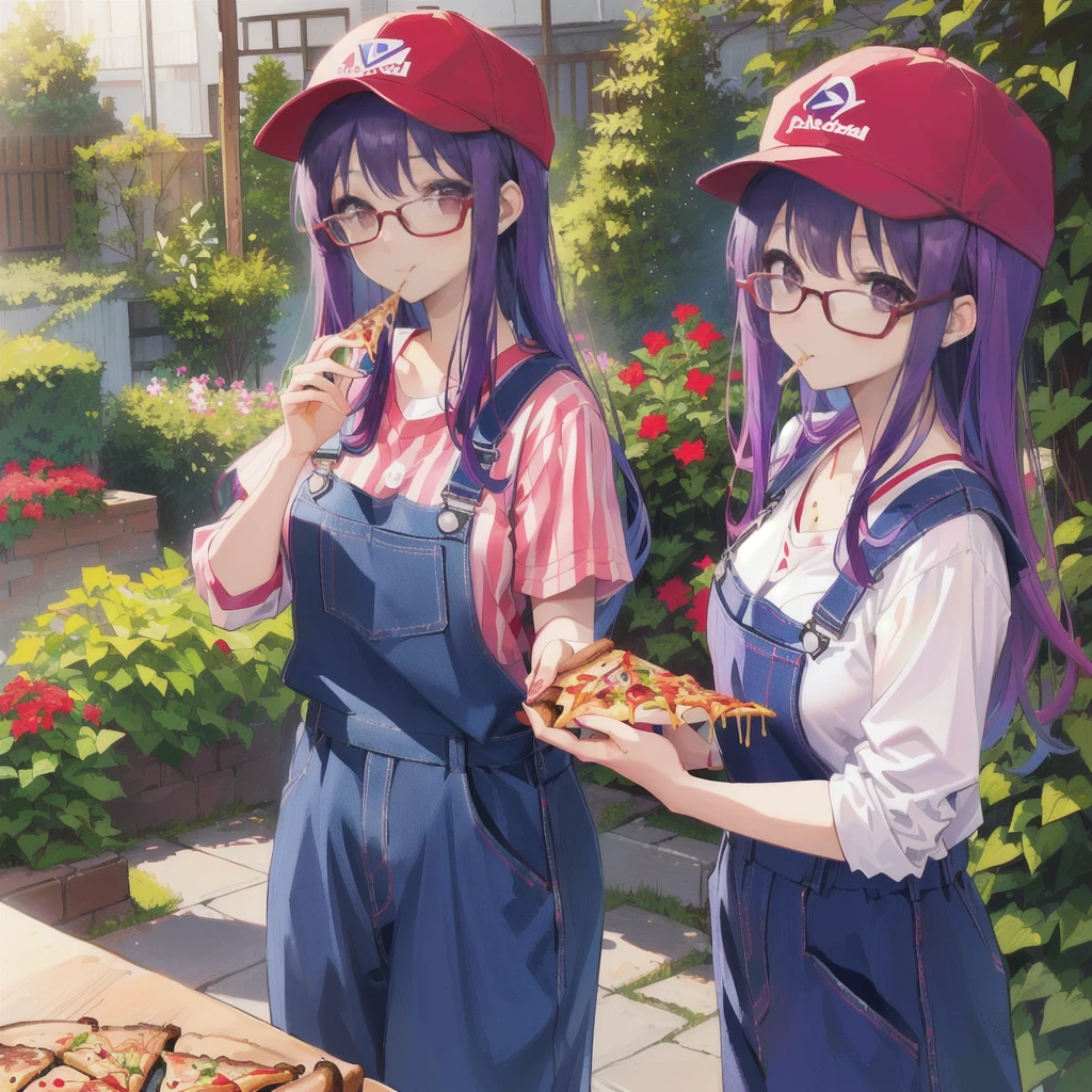 Purple Hair、Red Baseball Cap、Glasses、Overalls、garden、Eating pizza