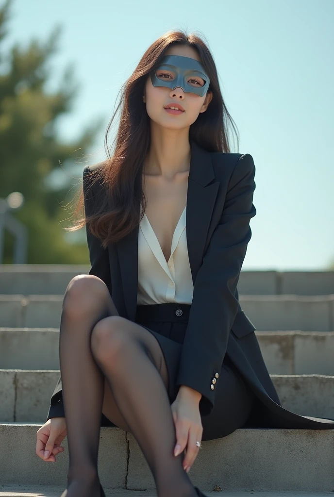 Fashion photography, mid-range, Chinese fashion beauty, 30 years old, Smile,long hair, fashionable professional skirt suit, with grey mask, cleavage, with grey silk stockings, high heels, sitting on the stairs, elegantly displaying slender legs and high heels, soft natural light, full of fashion, the background is the sky and trees,It says "Balenciaga" --v 6 --ar 9:14 --q 2