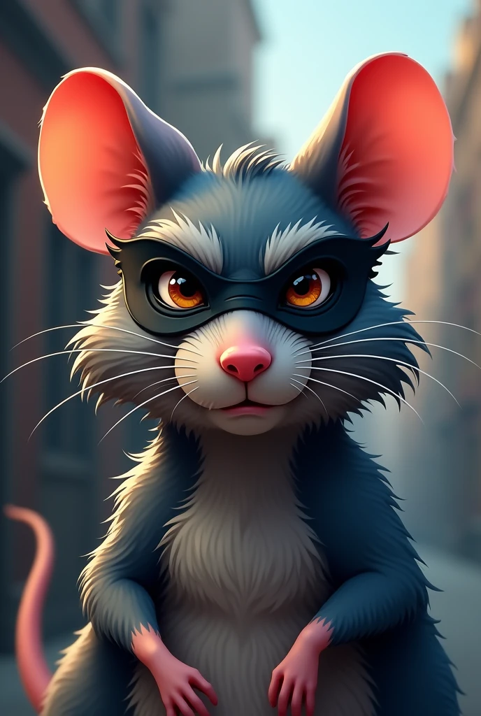 Create the face of a serious rat in the foreground with a black mask in a cartoon style