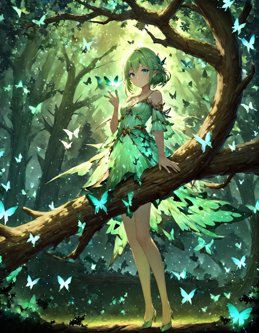 Highest quality、masterpiece、Very detailed、Finely detailed、High resolution、8k wallpaper、Fine and beautiful eyes、A girl with green hair、Exact number of fingers、Countless butterflies fluttering、Holds something like a magic wand、Gazing at the sky、Forest in the background、Standing on the branch of a big tree