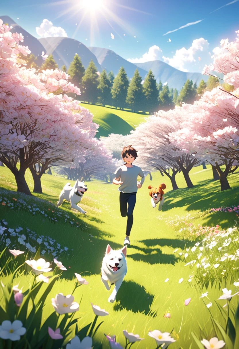 3D animation style, spring flower blooming hill, beautiful spring day, wrapped in the soft light of sunlight filtering through the trees, a cheerful boy running happily with his pet dog, a heartwarming scene,