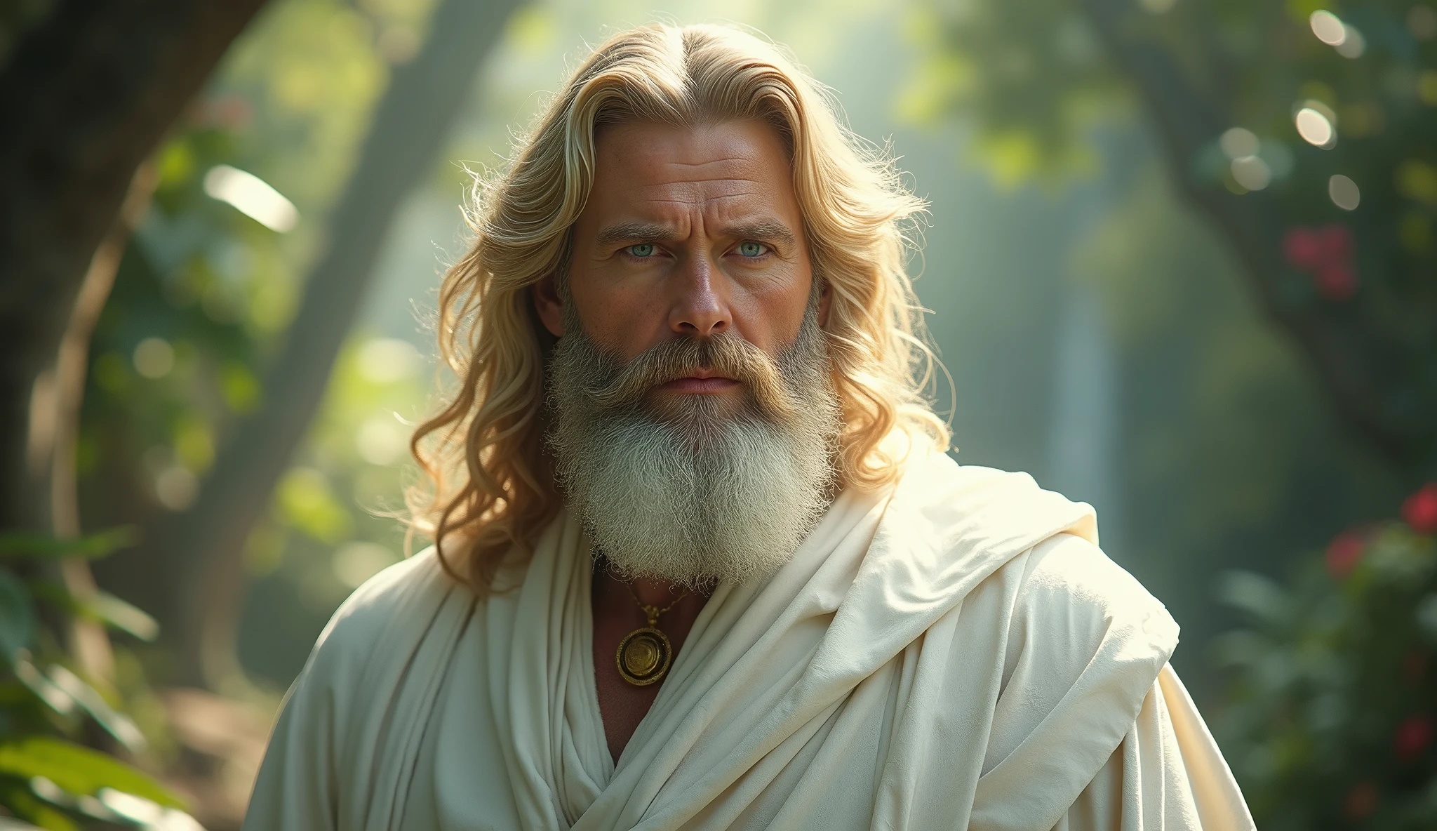 (master part, absurderes, highres, ultra detaild), 1 men, God Almighty, wavy blond hair, grown-up, blue colored eyes, white beard, male focus,Face pretty, white robe clothes, enchanting, Lovely, detailed eyes and face, 32K UHD, RAw style, in the garden of eden, gigantic man