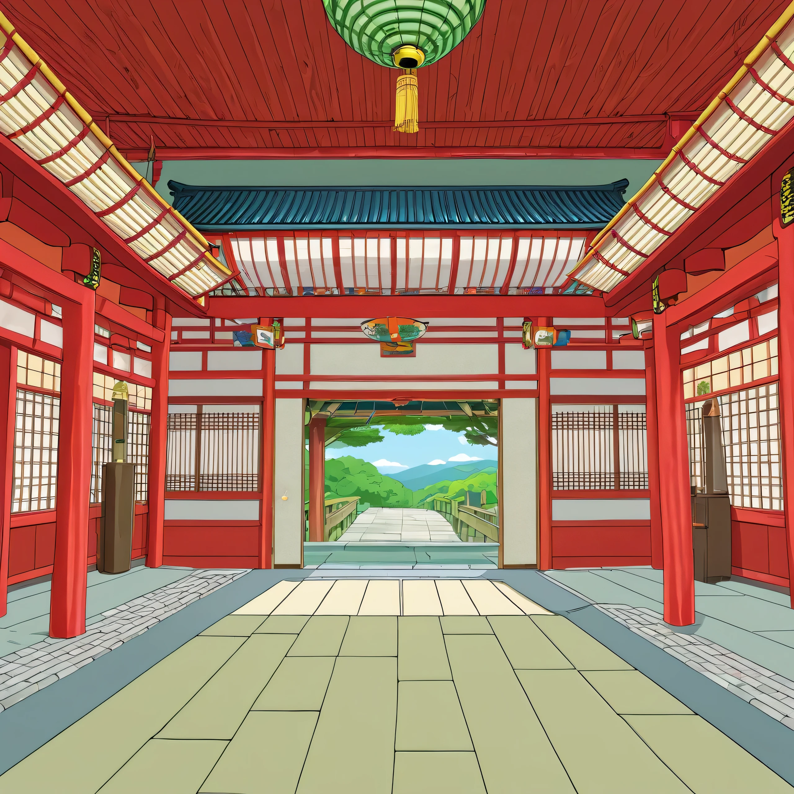 Fron view inside temple  in in Japan, cartoon, 2d, the family guy style, street