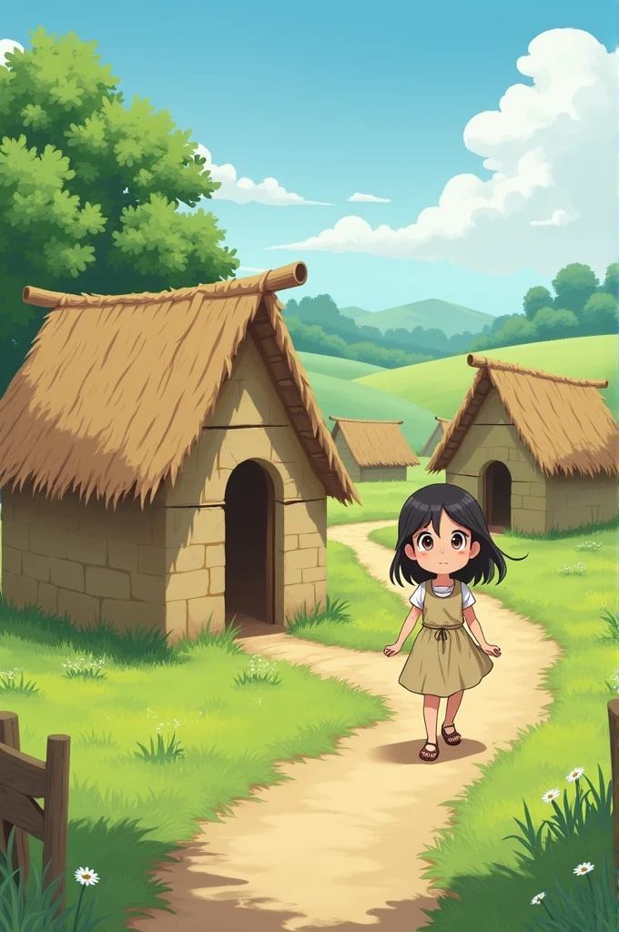 Village Setting:

A small, peaceful village with traditional houses made of mud and straw. In the foreground, a , around seven years old, is playing near a simple, modest house. She has big, curious eyes and wears a simple dress. There are green fields and a few trees in the background.