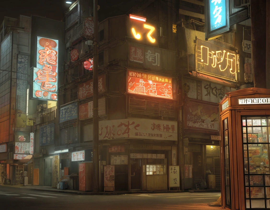 夜晚的京东street，Small shop signboard，Electric pole，Old building，Old signboard，Vertical Sign，street，There are vending machines on the street，Door，New Tokyo Background, Real texture，ue5 render，3D Rendering，Signage