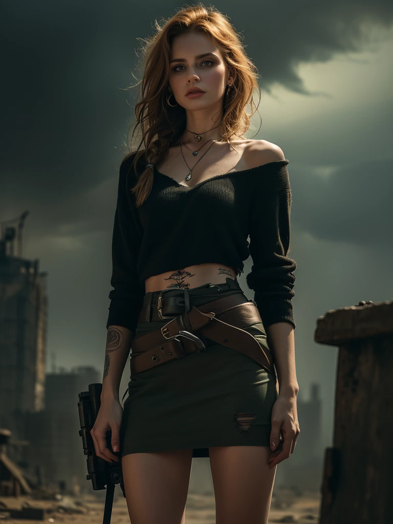 very detailed, 16K high resolution, incredibly detailed image, cinematic, best quality, masterpiece, realistic, detailed face, detailed background, dramatic lighting, A girl, 2, she is alone, beautiful, natural ginger hair, straggly and messy wavy hair. Extremely detailed facial expressions with sharp and piercing green eyes. A delicate, slightly cheeky face, subtly made up. ((She is tattooed and pierced, large tubes in her ears.)), She has (very small breasts) and a slim figure, in good shape. Dark lighting conditions, the world is destroyed after a war (end-time mood like in Mad Max). She is in an old destroyed city. Flames and clouds of smoke in the background. She wears worn-out clothes consisting of a torn black, cropped hoodie top, a broken miniskirt and dusty ankle-high boots. She has a belt around her waist with a small bag and a knife attached to the side. There is a crossbow on her back.