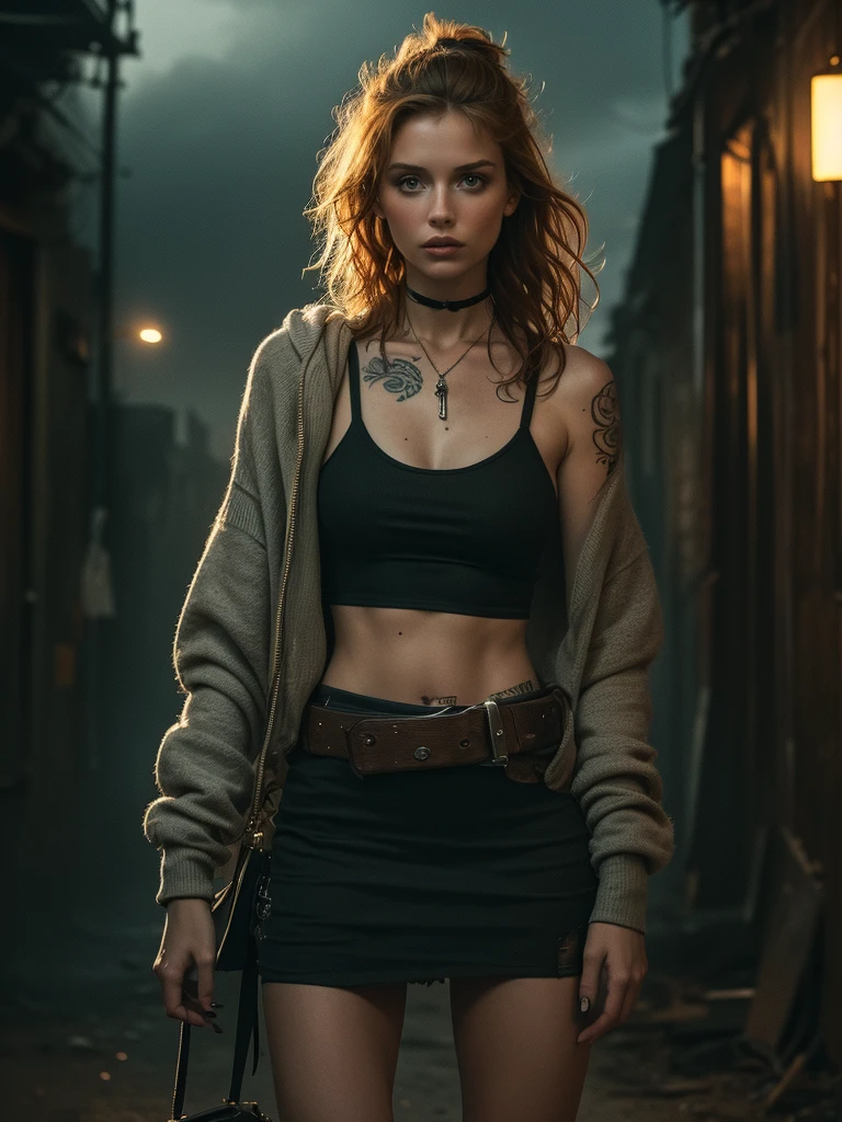 very detailed, 16K high resolution, incredibly detailed image, cinematic, best quality, masterpiece, realistic, detailed face, detailed background, dramatic lighting, A girl, 2, she is alone, beautiful, natural ginger hair, straggly and messy wavy hair. Extremely detailed facial expressions with sharp and piercing green eyes. A delicate, slightly cheeky face, subtly made up. ((She is tattooed and pierced, large tubes in her ears.)), She has (very small breasts) and a slim figure, in good shape. Dark lighting conditions, the world is destroyed after a war (end-time mood like in Mad Max). She is in an old destroyed city. Flames and clouds of smoke in the background. She wears worn-out clothes consisting of a torn black, cropped hoodie top, a broken miniskirt and dusty ankle-high boots.  She has a belt around her waist with a small bag and a knife attached to the side. There is a crossbow on her back.
