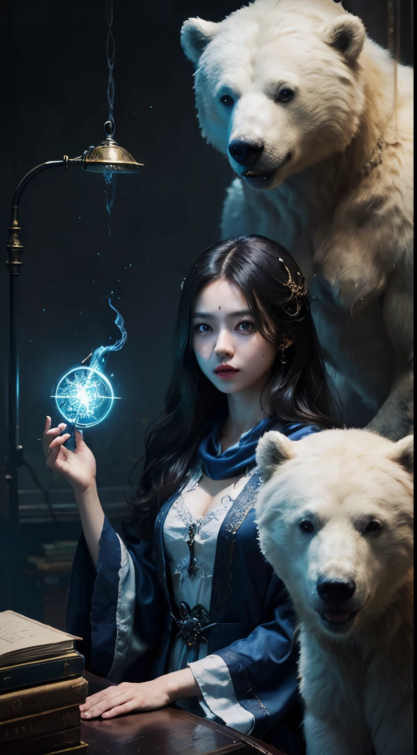 魔法のBookに封印された水晶の城,Blood,night, dark, (Fantasy),Unlimited,Deep blue sky,The Depths of Knowledge,Cowl,((Tabletop)), (((Highest quality))),((Beautiful Eyes)),(eyelash)、(((A beautiful  riding a giant white bear)、Perfect human structure、Blowing in the wind、Long white hair、Eye of the Abyss、Glowing Skin、Oiled、small 、Wizard Robe、Tattered Cloth、Realistic coat、think、超繊細なCG Unity 32kwallpaper、masterpiece, ((Super detailed)), ((Awareness-raising)),Very colorful,wallpaper,energy,Fear of the unknown,Startle,Around the magic,Magical Environment,Cane,Book,Flight Page,Know it all,Predicting the future、Learning about the past、Infinite Wisdom、Blue Flame、Warlock、magic circle、Pentacles、incantation、Mantra、Singing Magic