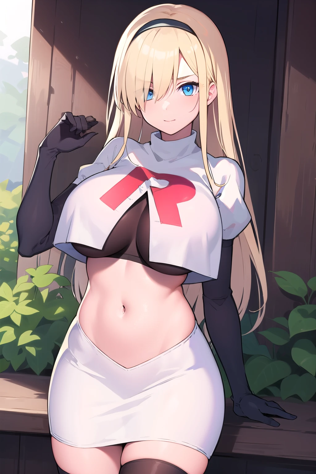 masterpiece, best quality,simple eyes,outdoors,1girl,north carolina,bangs, blonde_hair, blue_eyes,large breasts, eyebrows_visible_through_hair, hairband, long_hair, long_sleeves, looking_at_viewer, team rocket,team rocket uniform,white skirt,red letter R,crop top,black thigh-highs,black elbow gloves