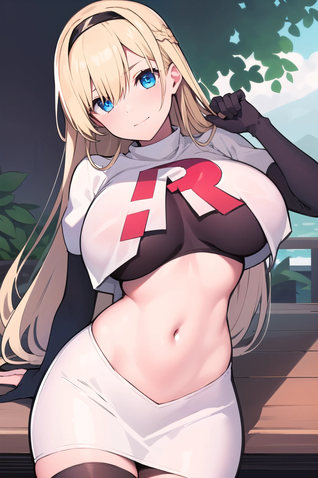 masterpiece, best quality,simple eyes,outdoors,1girl,north carolina,bangs, blonde_hair, blue_eyes,large breasts, eyebrows_visible_through_hair, hairband, long_hair, long_sleeves, looking_at_viewer, team rocket,team rocket uniform,white skirt,red letter R,crop top,black thigh-highs,black elbow gloves