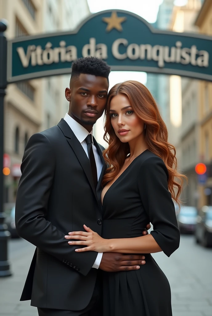 A couple formed by a young black man with fine features, straight hair cut low, thin moustache, super tall stature, thin but with a muscular body, wearing formal clothes and an extremely white woman, greeneyes, short stature, super wide body with very wide hips and huge glutes, Waist slender. Wearing a long dress with long sleeves covering her arms. Wavy hair in light brown with a hint of red. They are both in New York.