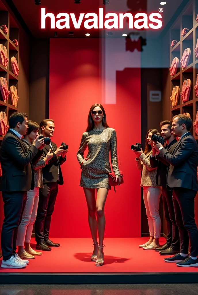create an image of a Havaianas display window, where there is a model wearing flip-flops on the red carpet with two photographers taking pictures wearing flip-flops, we are dummies
