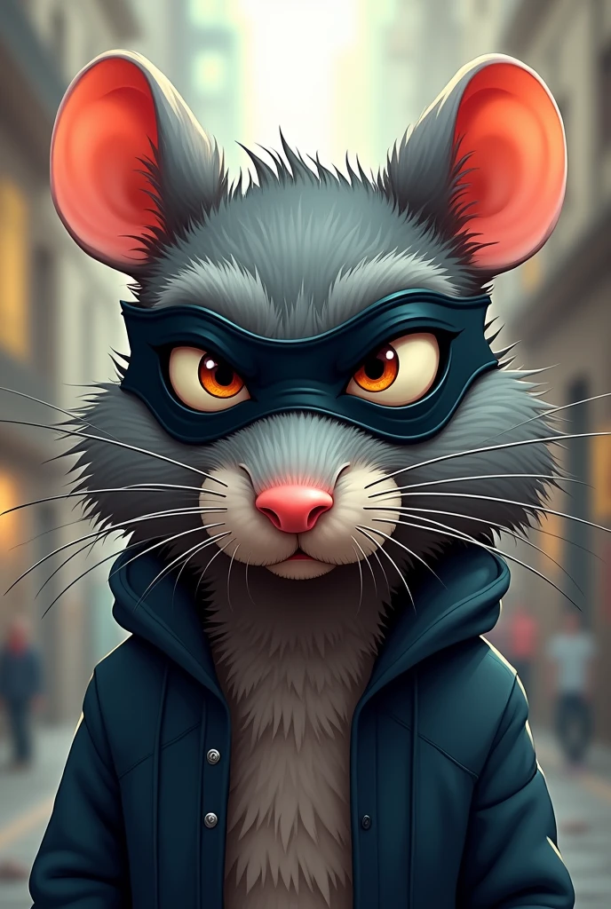 Create the face of a serious rat in the foreground with a black mask in a cartoon style