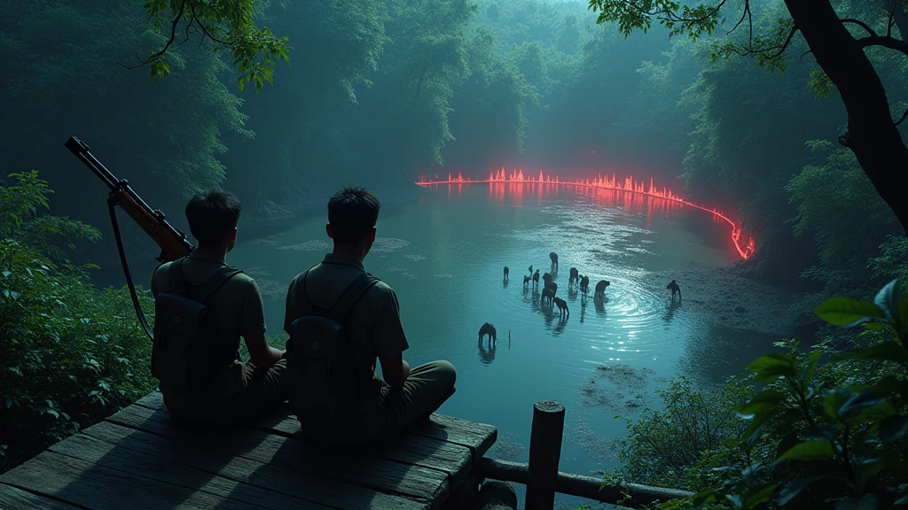 Two Indonesian hunters with guns sit on a wooden bed in a tree, gazing at a pool of forest where wildlife and ghosts are drinking at night with flying red lights.View from above 8k  