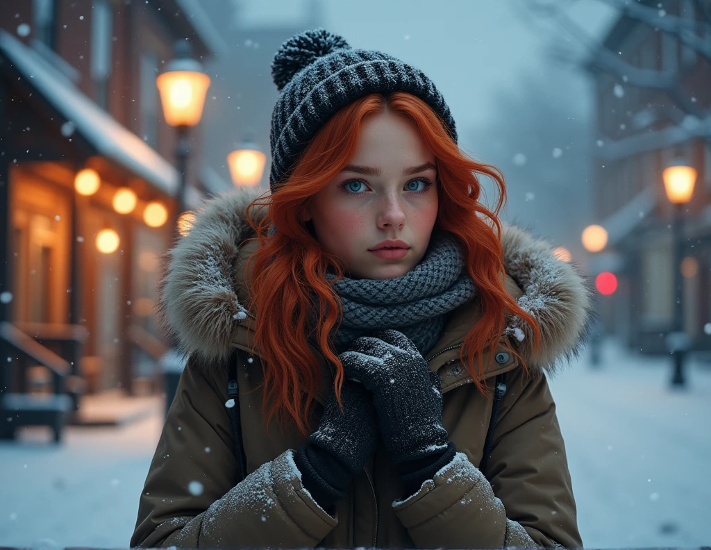 realistic redhead young woman wearing a jacket cold weather clothes on a snowy night in canada 