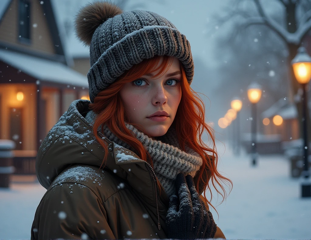 realistic redhead young woman wearing a jacket cold weather clothes on a snowy night in canada