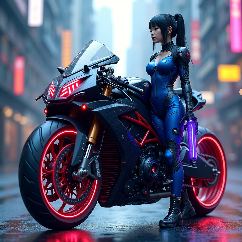 an elegant, monster-style modified sports motorbike with complicated and cool modifications in black and red with beside it is a young Korean woman wearing a polite racing sexy suit of blue, wearing hot pants, red and green, while holding weapon cybernetics with purple lights neon on weapon. the breast open suit, big breast, on the road with tires glowing blue lights effects. city cybernetics background, add cybernetics parts neon on motorcycle. make neons lights glowing. 
