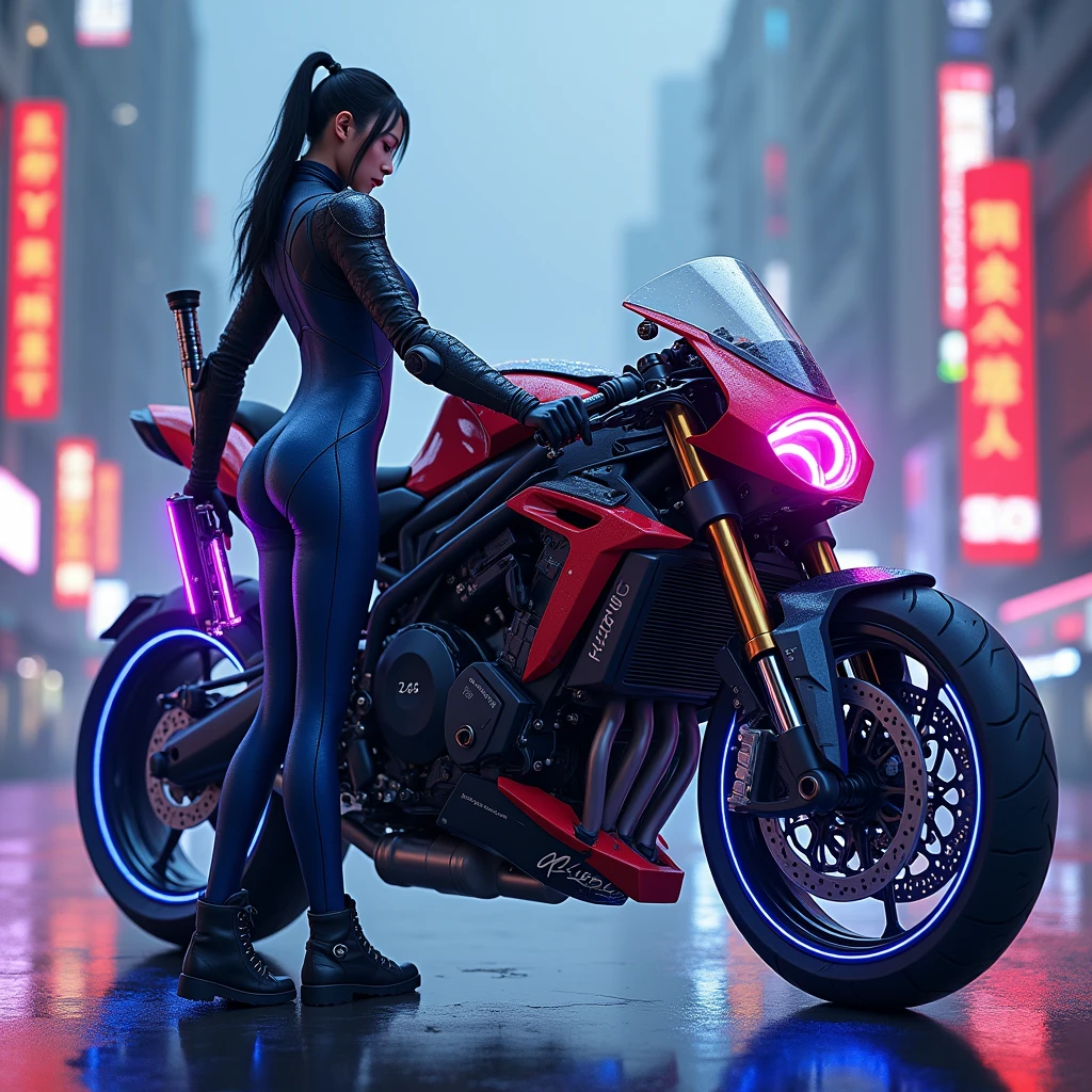 an elegant, monster-style modified sports motorbike with complicated and cool modifications in black and red with beside it is a young Korean woman wearing a polite racing sexy suit of blue, wearing hot pants, red and green, while holding weapon cybernetics with purple lights neon on weapon. the breast open suit, big breast, on the road with tires glowing blue lights effects. city cybernetics background, add cybernetics parts neon on motorcycle. make neons lights glowing.
