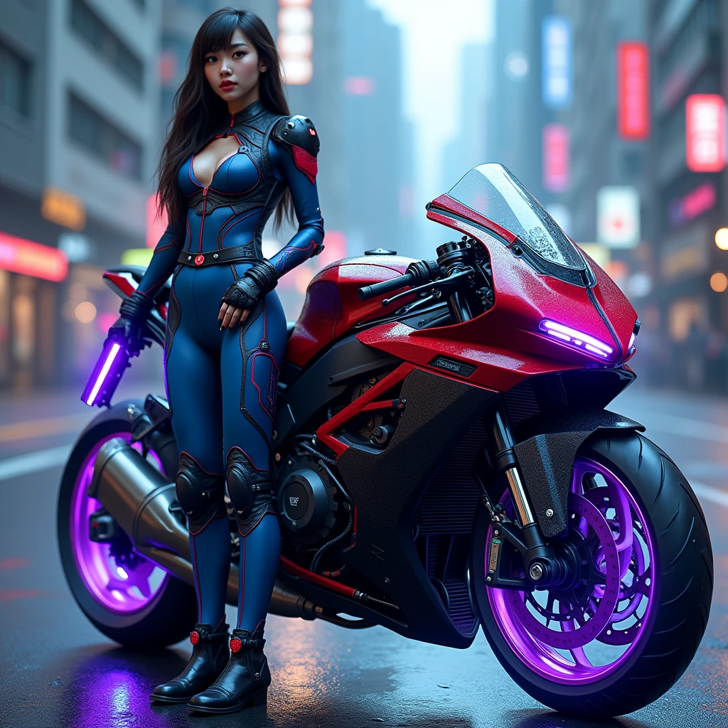 an elegant, monster-style modified sports motorbike with complicated and cool modifications in black and red with beside it is a young Korean woman wearing a polite racing sexy suit of blue, wearing hot pants, red and green, while holding weapon cybernetics with purple lights neon on weapon. the breast open suit, big breast, on the road with tires glowing blue lights effects. city cybernetics background, add cybernetics parts neon on motorcycle. make neons lights glowing. 