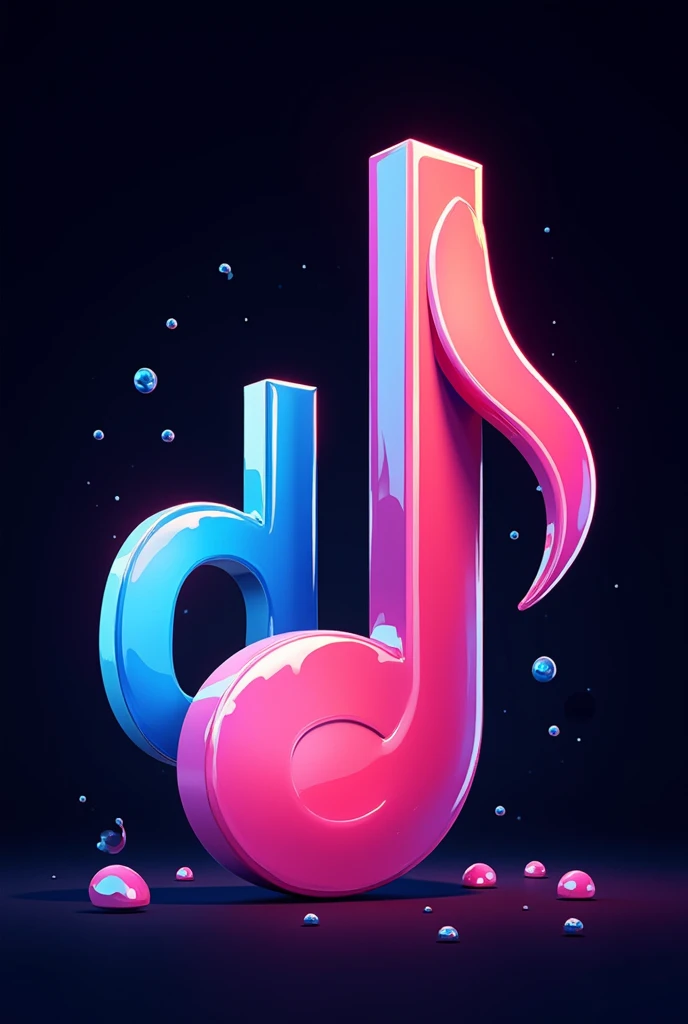 A vibrant, colorful, and abstract illustration of the word "D MUSIC" with a large, stylized musical note in the center. The word "D MUSIC" is made up of bold, 3D letters that are partially overlapping and creating a sense of depth. The musical note is a bright pink and blue, with a shiny, reflective surface. The background is black