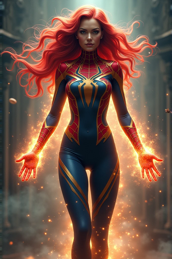 Create a goddess who has a Spiderman suit and Wanda Maximoff hair making Deadpool levitate with her telekinesis