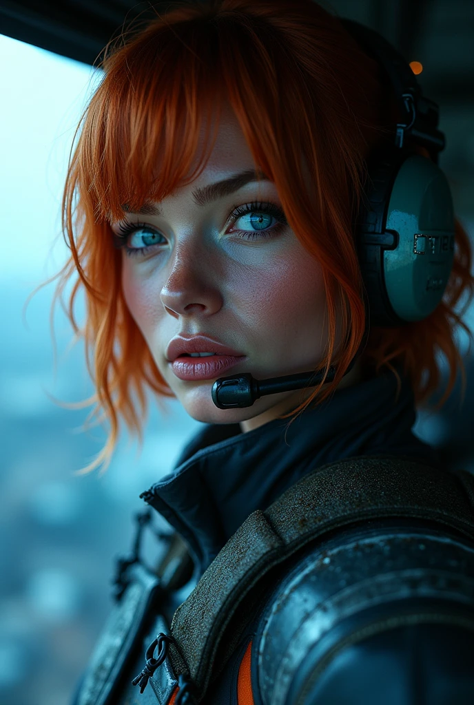 A photorealistic, ultra-detailed close-up image of Regina (beautiful face, supermodel) being lifted to safety in a rescue helicopter, the aftermath of her harrowing mission clear in her expression. Her short straight red hair, and her beautiful blue eyes are tired but relieved. She sits in the helicopter, looking through the window, her black tactical heavy armor bodysuit torn and covered in dirt with the grey armor plating severely damaged. The background shows the facility below, with smoke rising from various points of destruction, and the silhouette of the Tyrannosaurus Rex visible in the distance as it roars in frustration. Inside the helicopter, the atmosphere is tense but filled with a sense of survival and accomplishment, .. creating glowing line spelling out the words "Be careful of bragging friends", glowing blue light, dynamic color, there is line scattered around her, depth of field, dynamic angle