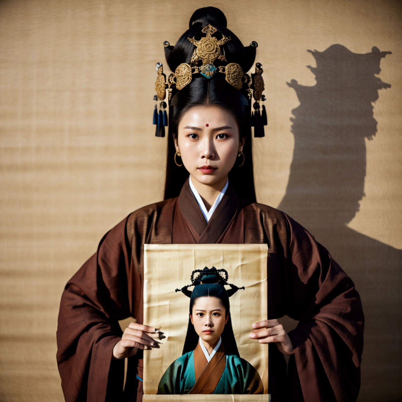 A beautiful young woman with a fierce expression, dressed in the dark brown regalia of a Han Fu Dynasty official, stands holding a large picture paper.