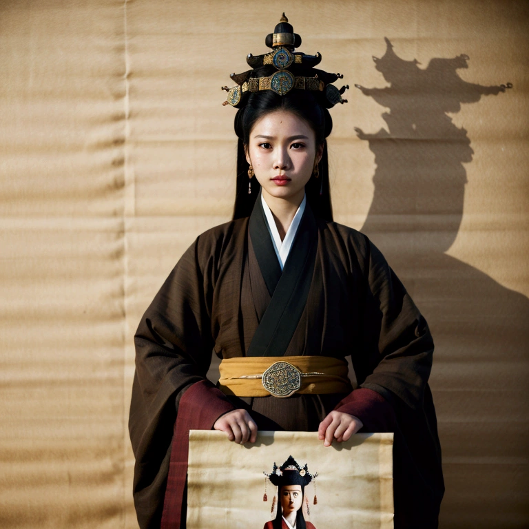 A beautiful young woman with a fierce expression, dressed in the dark brown regalia of a Han Fu Dynasty official, stands holding a large picture paper.