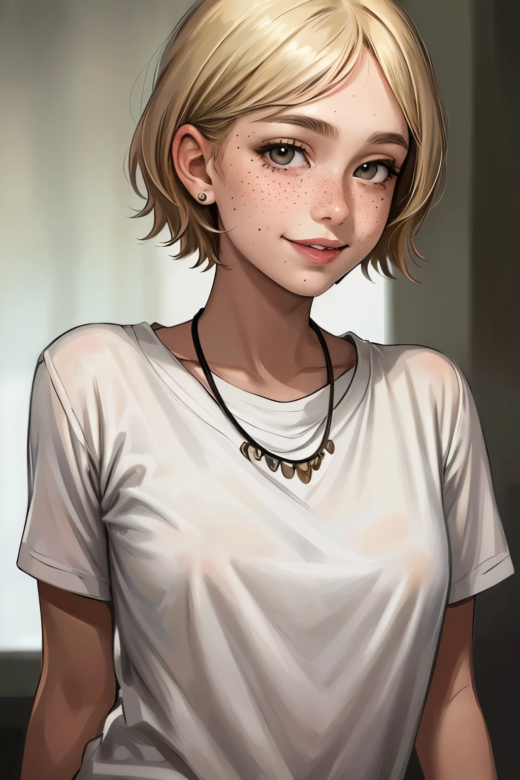 Highest quality, masterpiece, One girl, alone, Realistic, freckles, short hair, Mole, Mouth closed, Blonde, Grey Eyes, lips, shirt, necklace, jewelry, black shirt, smile
