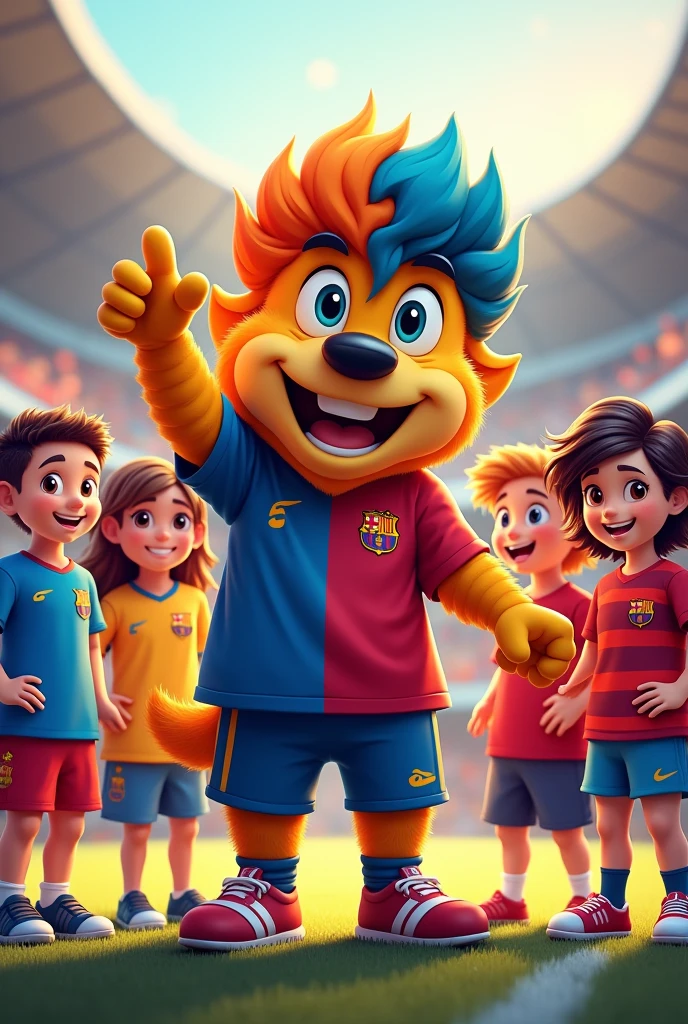 Make the joker in the Atletico de Madrid stadium with the Atletico de Madrid shirt and have him with Winnie the Pooh with the Barcelona shirt and there is a blue cat that looks like Gumball from the Gumball World series with the Real Madrid shirt from Spain and have everyone on the street.
